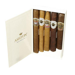 Ashton Cigars Ashton Cigar Sampler 5ct Box, a white box containing five assorted cigars with different wrappers and labels. Ashton Cigars Ashton Cigar Sampler 5ct Box, a white box containing five assorted cigars with different wrappers and labels.