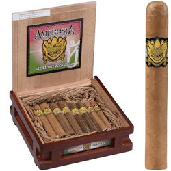 Ambrosia Cigar Sampler 8 Ct. Box, an image showing a wooden box with eight cigars neatly arranged inside and a single cigar standing upright beside the box. Ambrosia Cigar Sampler 8 Ct. Box, an image showing a wooden box with eight cigars neatly arranged inside and a single cigar standing upright beside the box.