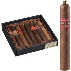 Kristoff Robusto Assortment 8 Ct. Box Cigar Sampler, image of a black box containing eight different cigars with varying shades of brown and red bands, alongside a single large, wrapped cigar with a red band. Kristoff Robusto Assortment 8 Ct. Box Cigar Sampler, image of a black box containing eight different cigars with varying shades of brown and red bands, alongside a single large, wrapped cigar with a red band.