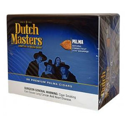 Altadis Dutch Masters Palma Cigars Box, box featuring blue and black packaging with images of three men and text highlighting the product's natural leaf wrapper and premium quality. Altadis Dutch Masters Palma Cigars Box, box featuring blue and black packaging with images of three men and text highlighting the product's natural leaf wrapper and premium quality.