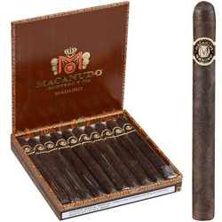 Macanudo Maduro Prince Philip Cigars Churchill 10 Ct. Box 7.50X49, opened box of cigars with one cigar standing upright beside it. Macanudo Maduro Prince Philip Cigars Churchill 10 Ct. Box 7.50X49, opened box of cigars with one cigar standing upright beside it.