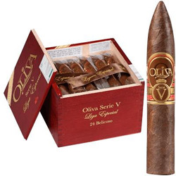 Oliva Cigars Oliva Serie V Cigars Belicoso 24 Ct. Box 5.00X54, open box of premium cigars with one cigar standing next to the box displayed. Oliva Cigars Oliva Serie V Cigars Belicoso 24 Ct. Box 5.00X54, open box of premium cigars with one cigar standing next to the box displayed.
