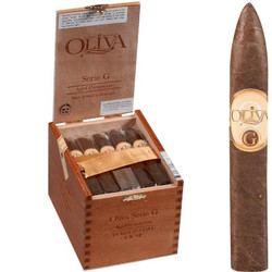 Oliva Cigars Oliva Serie G Cigars Cameroon Belicoso 25 Count Box 5.00X52, a wooden box containing 25 cigars with a cigarette-shaped cigar standing beside it. Oliva Cigars Oliva Serie G Cigars Cameroon Belicoso 25 Count Box 5.00X52, a wooden box containing 25 cigars with a cigarette-shaped cigar standing beside it.
