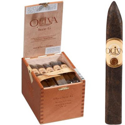 Oliva Cigars Oliva Serie G Cigars Maduro Belicoso 24 Ct. Box 5.00X52, featuring a close-up of a single dark Maduro Belicoso cigar with the Oliva label, alongside an open wooden box displaying a row of identical cigars. Oliva Cigars Oliva Serie G Cigars Maduro Belicoso 24 Ct. Box 5.00X52, featuring a close-up of a single dark Maduro Belicoso cigar with the Oliva label, alongside an open wooden box displaying a row of identical cigars.