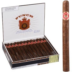 Punch After Dinner Cigars EMS Churchill 25 Ct. Box 7.25X46, open box showing 25 cigars with brown wrappers and red and white labels, and a single cigar standing outside the box. Punch After Dinner Cigars EMS Churchill 25 Ct. Box 7.25X46, open box showing 25 cigars with brown wrappers and red and white labels, and a single cigar standing outside the box.