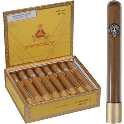 Montecristo Classic Seleccion I Tube Cigar Corona 16 Ct. Box, opened cigar box displaying 16 cigars with gold and silver bands, and a single cigar standing upright showing its band and packaging. Montecristo Classic Seleccion I Tube Cigar Corona 16 Ct. Box, opened cigar box displaying 16 cigars with gold and silver bands, and a single cigar standing upright showing its band and packaging.