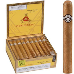 Montecristo Cigars Double Corona Natural 25 Ct. Box 6.25X50, an open box of cigars with 25 natural Double Corona cigars neatly arranged inside, and a single cigar standing upright next to the box. Montecristo Cigars Double Corona Natural 25 Ct. Box 6.25X50, an open box of cigars with 25 natural Double Corona cigars neatly arranged inside, and a single cigar standing upright next to the box.
