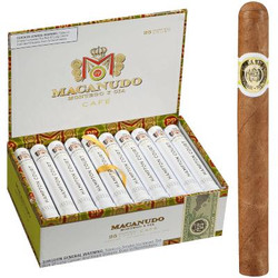 Macanudo Cafe Hampton Court Tubos Cigar Corona 25 Ct. Box 5.50X42, image of a box of cigars and a single cigar, showcasing the packaging and size. Macanudo Cafe Hampton Court Tubos Cigar Corona 25 Ct. Box 5.50X42, image of a box of cigars and a single cigar, showcasing the packaging and size.
