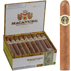 Macanudo Cafe Baron De Rothschild Cigar Lonsdale 25 Ct. Box 6.50X42, open cigar box displaying individually wrapped cigars with a close-up of a single cigar outside the box. Macanudo Cafe Baron De Rothschild Cigar Lonsdale 25 Ct. Box 6.50X42, open cigar box displaying individually wrapped cigars with a close-up of a single cigar outside the box.