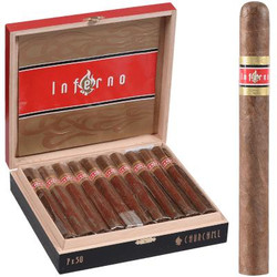 Oliva Cigars Inferno By Oliva Cigars Churchill 20 Ct. Box 7.00X50, a wooden cigar box containing 20 cigars with a cigar displayed outside the box showing their medium brown wrappers and gold bands.