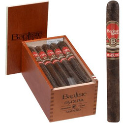Baptiste by Oliva Cigars Churchill Maduro 20 Ct. Box 7.00X50, showcasing a wooden box containing twenty Churchill Maduro cigars with a single cigar displayed outside the box. Baptiste by Oliva Cigars Churchill Maduro 20 Ct. Box 7.00X50, showcasing a wooden box containing twenty Churchill Maduro cigars with a single cigar displayed outside the box.