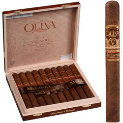 Oliva Serie V Melanio Cigar Churchill 10 Ct. Box 7.00X50, open wooden box containing ten premium cigars and one cigar outside the box. Oliva Serie V Melanio Cigar Churchill 10 Ct. Box 7.00X50, open wooden box containing ten premium cigars and one cigar outside the box.