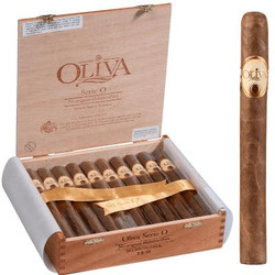 Oliva Serie O Cigars Churchill 20 Ct. Box 7.00X50, with the open wooden cigar box containing 20 cigars inside and one cigar placed outside the box. Oliva Serie O Cigars Churchill 20 Ct. Box 7.00X50, with the open wooden cigar box containing 20 cigars inside and one cigar placed outside the box.