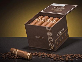 Nub Nuance Triple Roast Cigar Corona 542 20 Ct. Box 5.00X42, open box of cigars with one cigar laying outside and coffee beans scattered around, close-up view. Nub Nuance Triple Roast Cigar Corona 542 20 Ct. Box 5.00X42, open box of cigars with one cigar laying outside and coffee beans scattered around, close-up view.