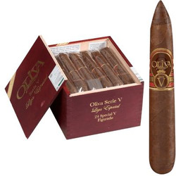 Oliva Serie V Special Cigar Figurado 24 Ct. Box 6.00X60, featuring a wooden box of premium cigars with a single cigar displayed beside the box showing the detailed band and shape.