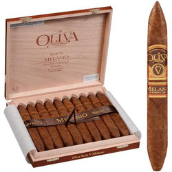 Oliva Serie V Melanio Cigars Figurado 10 Ct. Box 6.50X52, opened wooden box with ten cigars inside, featuring a tapered shape and rich brown wrapper, and one additional cigar standing upright outside the box. Oliva Serie V Melanio Cigars Figurado 10 Ct. Box 6.50X52, opened wooden box with ten cigars inside, featuring a tapered shape and rich brown wrapper, and one additional cigar standing upright outside the box.