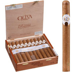Oliva Connecticut Reserve Cigar Lonsdale 20 Ct. Box 6.25X44, image of open wooden box containing 20 cigars with one cigar shown separately on the right.