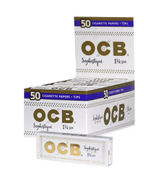 OCB Rolling Papers Sophistique 1 1/4 with Tips, box of 50 cigarette papers with tips, white packaging with gold and blue accents. OCB Rolling Papers Sophistique 1 1/4 with Tips, box of 50 cigarette papers with tips, white packaging with gold and blue accents.
