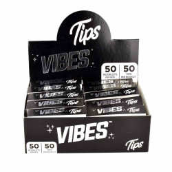 Vibes Rolling Paper Vibes Tips Rolling Paper 50 Pk, display of black and white packs of rolling papers and tips in a retail box. Vibes Rolling Paper Vibes Tips Rolling Paper 50 Pk, display of black and white packs of rolling papers and tips in a retail box.