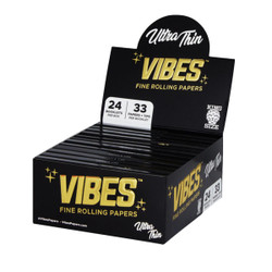 Vibes Rolling Paper VIBES Ultra Thin Rolling Papers w/ Filters King | 24pc Display, black box with gold and white text and design, showing multiple packs of ultra thin rolling papers and filters inside. Vibes Rolling Paper VIBES Ultra Thin Rolling Papers w/ Filters King | 24pc Display, black box with gold and white text and design, showing multiple packs of ultra thin rolling papers and filters inside.