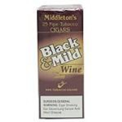 John Middleton Black & Mild Wine Cigars Box, package of 25 cigarillos with black and gold branding and wine flavor text. John Middleton Black & Mild Wine Cigars Box, package of 25 cigarillos with black and gold branding and wine flavor text.