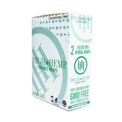 High Hemp Organic Wraps 25Ct/2, packaging box with green and white design showcasing herbal and GMO-free features. High Hemp Organic Wraps 25Ct/2, packaging box with green and white design showcasing herbal and GMO-free features.