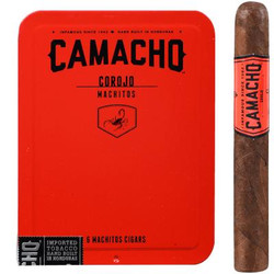 Camacho Corojo Machitos Cigars 5/6 Ct. Tins, red metal tin with black and red branding and a single cigar with a black and red band. Camacho Corojo Machitos Cigars 5/6 Ct. Tins, red metal tin with black and red branding and a single cigar with a black and red band.