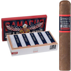 Camacho Liberty 2020 Cigar Gordo BXP 20 Ct. Box, image of a sealed cigar box with cigars inside and a single cigar standing upright next to the box.