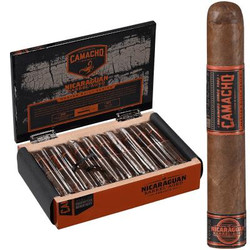 Camacho Nicaraguan Barrel-Aged Cigar Robusto 20 Ct. Box, opened box displaying 20 cigars with a single cigar standing upright outside the box.