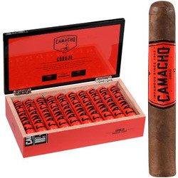 Camacho Corojo Cigar Robusto Tubo 20 Ct. Box, opened box displaying cigars arranged neatly inside and a single cigar outside the box highlighting its premium quality and packaging.