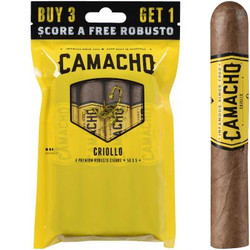 Camacho Criollo Cigar Robusto 5/4 Ct. Fresh Pack, yellow packaging with promoting offers and an image of a cigar. Camacho Criollo Cigar Robusto 5/4 Ct. Fresh Pack, yellow packaging with promoting offers and an image of a cigar.