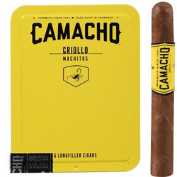 Camacho Criollo Machitos Cigar 5/6 Ct. Tins, yellow rectangular tin with black text and a small bee logo, alongside a single cigar with a yellow band featuring black Camacho logo.