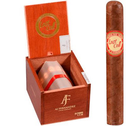 Last Call By AJ Fernandez Habano Pequenas Cigars 25 Ct. Box, wooden box displaying a single cigar with red Last Call band, with the lid open showing the cigars inside. Last Call By AJ Fernandez Habano Pequenas Cigars 25 Ct. Box, wooden box displaying a single cigar with red Last Call band, with the lid open showing the cigars inside.