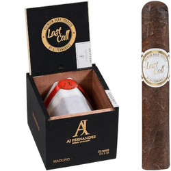 Last Call By AJ Fernandez Cigars Maduro Geniales 25 Ct. Box, open black box with cigars inside and a single cigar outside showing the brown, Maduro wrapper. Last Call By AJ Fernandez Cigars Maduro Geniales 25 Ct. Box, open black box with cigars inside and a single cigar outside showing the brown, Maduro wrapper.