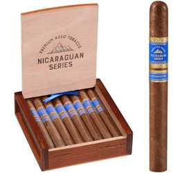 AJ Fernandez Cigars Churchill 15 Ct. Box, opened wooden cigar box with 15 cigars and a single cigar standing outside the box. AJ Fernandez Cigars Churchill 15 Ct. Box, opened wooden cigar box with 15 cigars and a single cigar standing outside the box.
