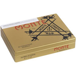 Montecristo Monte By Montecristo Monte By Aj Fernandez Cigars Belicoso 20 Ct. Box, gold-colored packaging with Montecristo branding and a decorative logo. Montecristo Monte By Montecristo Monte By Aj Fernandez Cigars Belicoso 20 Ct. Box, gold-colored packaging with Montecristo branding and a decorative logo.