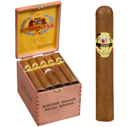 Baccarat Cigars Rothschild Natural 25ct Box, wooden cigar box with five cigars inside and one cigar outside, featuring gold and red labels with a crest and the year 1871. Baccarat Cigars Rothschild Natural 25ct Box, wooden cigar box with five cigars inside and one cigar outside, featuring gold and red labels with a crest and the year 1871.
