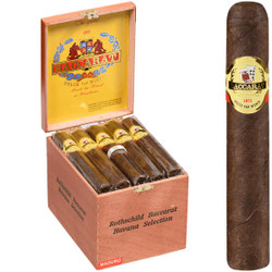 Baccarat Cigars Rothschild Maduro 25 Ct. Box 5.00X50, image of a wooden cigar box filled with cigars and a single cigar with a gold label. Baccarat Cigars Rothschild Maduro 25 Ct. Box 5.00X50, image of a wooden cigar box filled with cigars and a single cigar with a gold label.