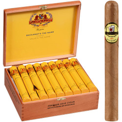 Baccarat Cigars Luchadores Natural Tubo 25 Ct. Box 6.00X44, image of a wooden box containing 25 yellow cigars with colorful labels, and a single cigar standing upright with a decorative band.