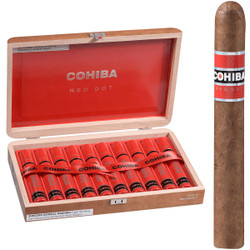 Cohiba Cigars Toro Tubo 10 Ct. Box 6.00X50, wooden cigar box containing ten premium cigars with red tubes and black bands, and a single cigar with red and black band outside the box.