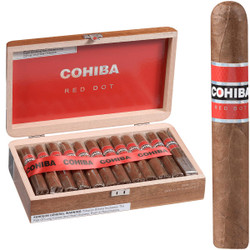 Cohiba Cigars Robusto 25 Ct. Box 5.00X49, a wooden box containing 25 cigars with a red band, and one individual cigar with a red and black band labeled COHIBA, designed for premium cigar smokers. Cohiba Cigars Robusto 25 Ct. Box 5.00X49, a wooden box containing 25 cigars with a red band, and one individual cigar with a red and black band labeled COHIBA, designed for premium cigar smokers.