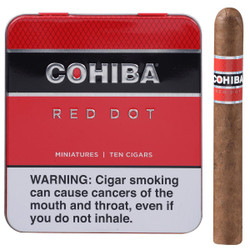 Cohiba Cigars Miniatures 10/10 Tins 3.25X24, image of a metal tin box with red, black, and white design containing ten miniature cigars, and a single cigar with a red band labeled 'Cohiba Red Dot' standing next to the tin.