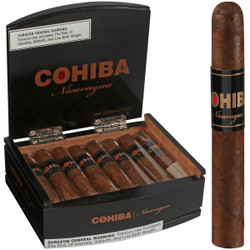 Cohiba Cigars Nicaragua N4X45 16 Ct. Box 4.00X45, featuring a black and wood humidor box with sixteen cigars inside and a single cigar displayed outside, commemorating premium Nicaraguan cigars for enthusiasts.