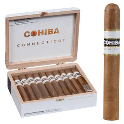 Cohiba Cigars Connecticut Robusto 20 Ct. Box 5.50x50, with a single cigar positioned beside the box, featuring a white and gold band with the Cohiba logo. Cohiba Cigars Connecticut Robusto 20 Ct. Box 5.50x50, with a single cigar positioned beside the box, featuring a white and gold band with the Cohiba logo.