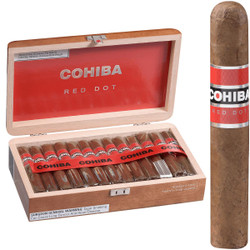Cohiba Cigars Robusto Fino 25 Ct. Box 4.75X47, open wooden cigar box displaying twenty-five cigars with red Cohiba branding, and a single Cohiba cigar classified as Robusto Fino.