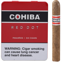Cohiba Cigars Pequenos 5/6 Tins 4.13X34, image of a pack of six small cigars with a red, black, and silver tin box and a single cigar with a Cohiba band. Cohiba Cigars Pequenos 5/6 Tins 4.13X34, image of a pack of six small cigars with a red, black, and silver tin box and a single cigar with a Cohiba band.