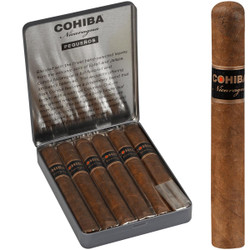 Cohiba Cigars Nicaragua Pequenos 5/6 Tins 4.18X36, image of a metal tin containing six cigars with a close-up of one cigar featuring a dark band with the Cohiba logo and branding.