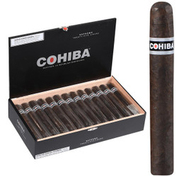 Cohiba Cigars Black Supremo 25 Ct. Box 6.00X54, image of a box containing twenty-five cigars and one individual cigar, showcasing the dark wrapper and band with the Cohiba logo. Cohiba Cigars Black Supremo 25 Ct. Box 6.00X54, image of a box containing twenty-five cigars and one individual cigar, showcasing the dark wrapper and band with the Cohiba logo.
