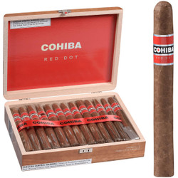 Cohiba Cigars Red Dot Churchill 25 Ct. Box, wooden cigar box opened showing twenty-five cigars with red and black band branding and a single cigar standing beside the box.