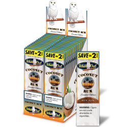 Swedish Match White Owl Cigarillos Coconut Rum 30 Pouches of 2, product display with cigarillo boxes featuring owl logo and coconut rum flavor, displayed in a retail box. Swedish Match White Owl Cigarillos Coconut Rum 30 Pouches of 2, product display with cigarillo boxes featuring owl logo and coconut rum flavor, displayed in a retail box.